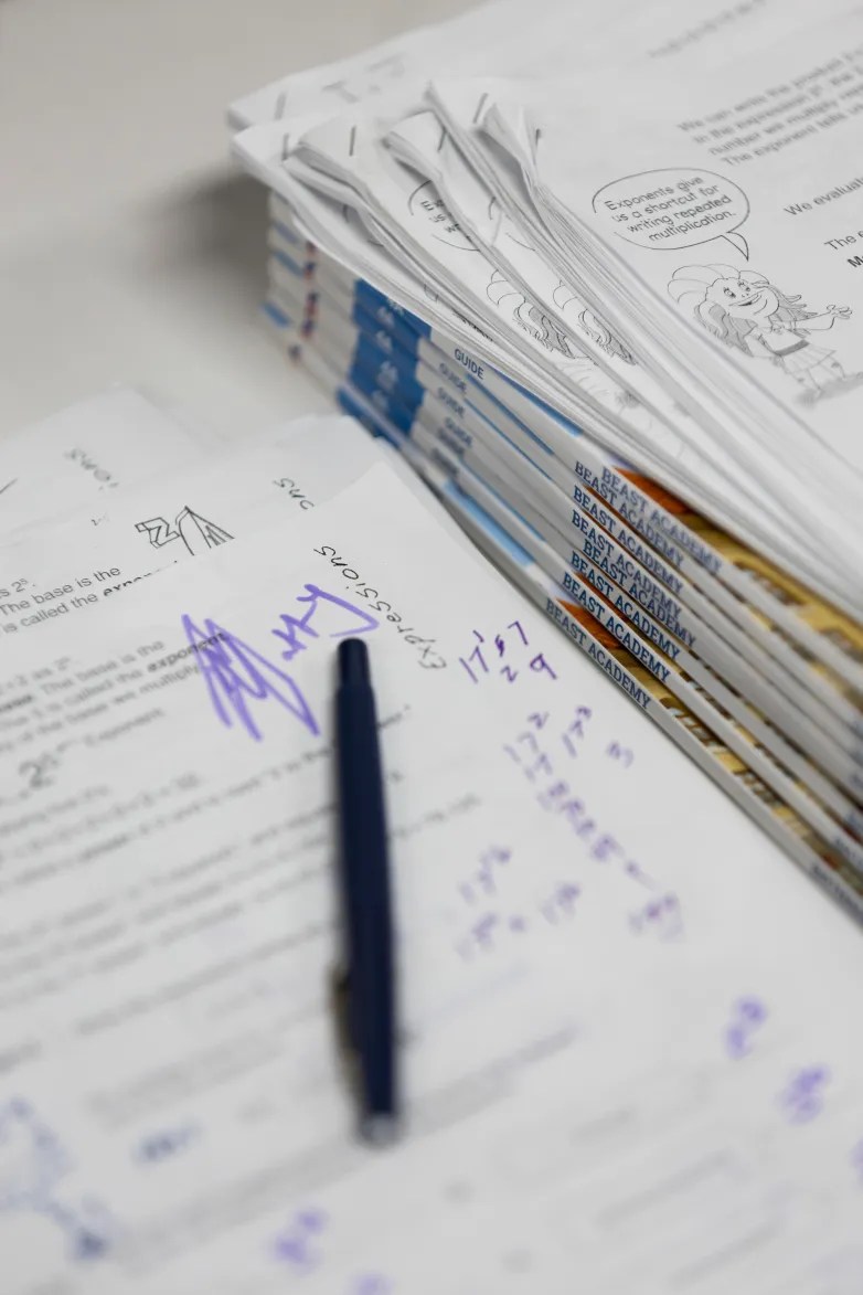 A pen rests on paper next to stacked books labeled "BEAST ACADEMY" and printed pages illustrations