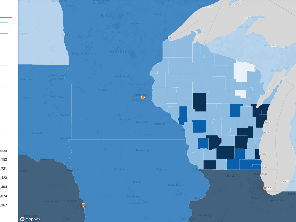A map of Wisconsin shows county shading for "cases per 100k residents," alongside a panel listing totals, rates and yearly case counts from 2020 to 2025.